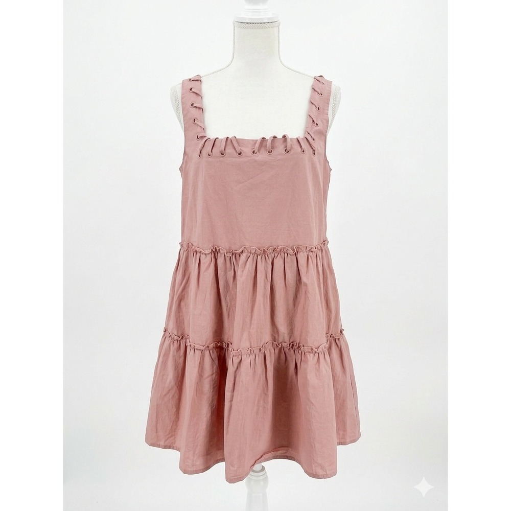 Aureum Pink Tiered Babydoll Mini Dress Lace Up Grommet AD1231 Womens Large‎